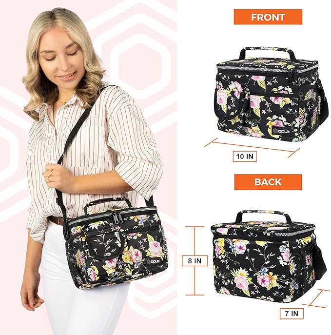 opux Insulated Lunch Box for Men Women Kids, Leakproof Reusable Lunch Bag Cooler for Work School Office, Soft Thermal Lunchbox Tote with Shoulder Strap for Boys Girls Adults, Floral Black, 14 Can/8L