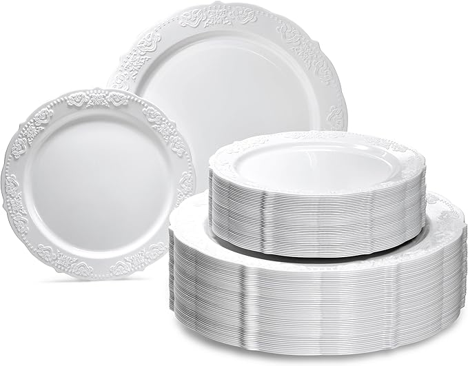 OCCASIONS 240 Piece Disposable Plastic Plates Set for 120 Guests – Heavy Duty 10.25" Dinner & 7.5" Dessert Plates, Elegant Party Plates for Wedding, Events, BPA-Free – Portofino Plain White