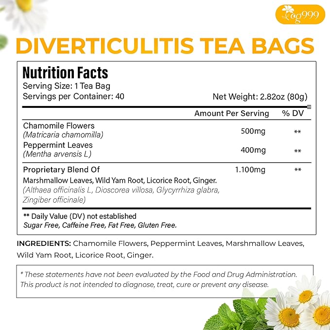 TOG999, Diverticulitis Tea Bags | 40 Count | 100% Natural Chamomile, Peppermint, Marshmallow Leaf, Wild Yam Root, Licorice & Ginger Herbal Blend – Caffeine-Free Comfort Tea, Vegan.