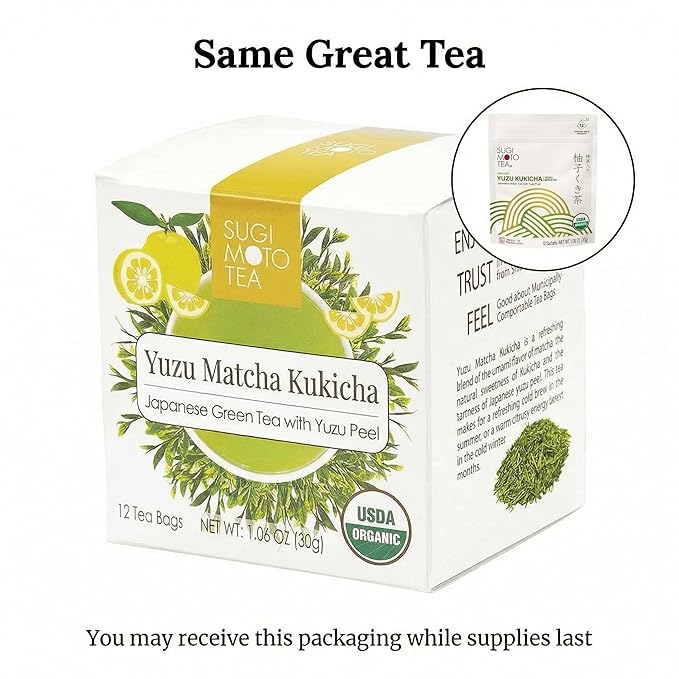 SUGIMOTO TEA Japanese Organic Yuzu Kukicha with Matcha Green Tea Bags 12 Count