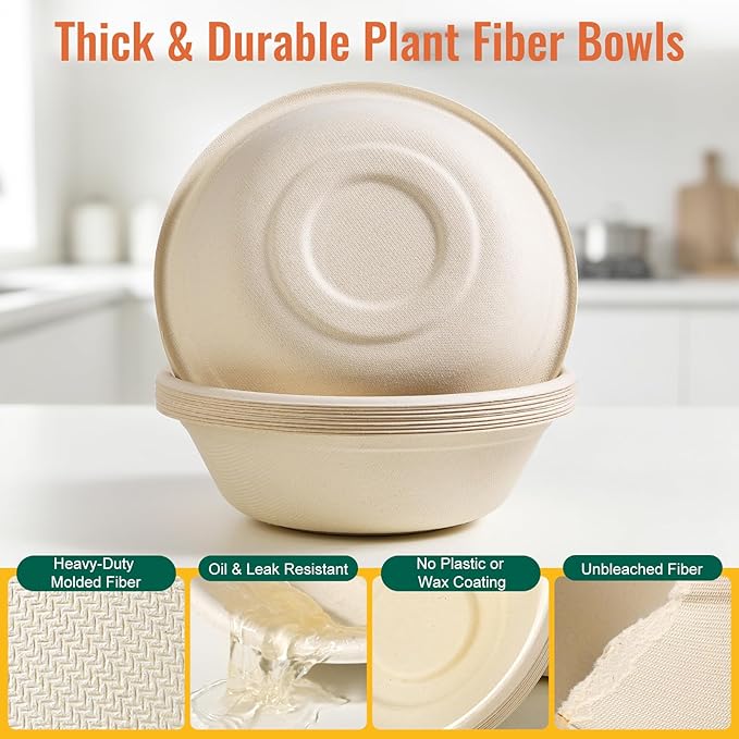 Dynta 110 Pack 32oz Paper Bowls, Large Compostable Disposable Bowls for Salads, Soups & Dog Feeding | Microwave & Freezer Safe(Natural Brown)
