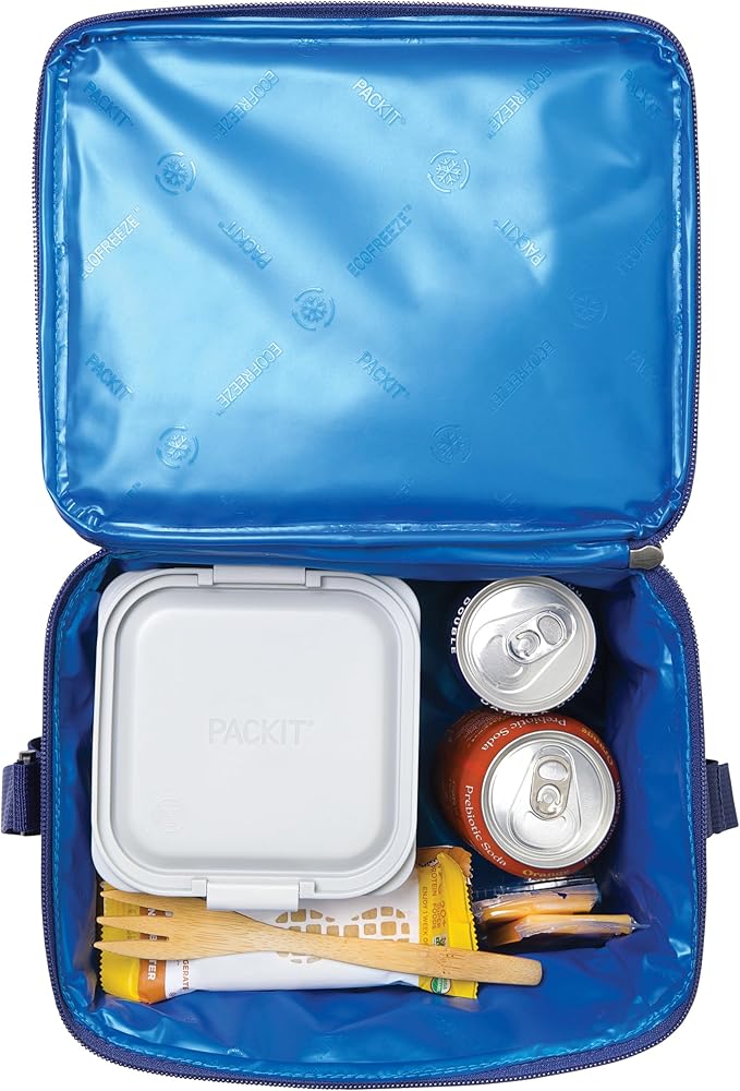 PackIt Freezable Essential Lunch Cooler, True Blue, Built with EcoFreeze Technology, Fully Freezable, Collapsible, Reusable, With Adjustable Crossbody Strap, Top Clip Handle, Designed for Fresh Office