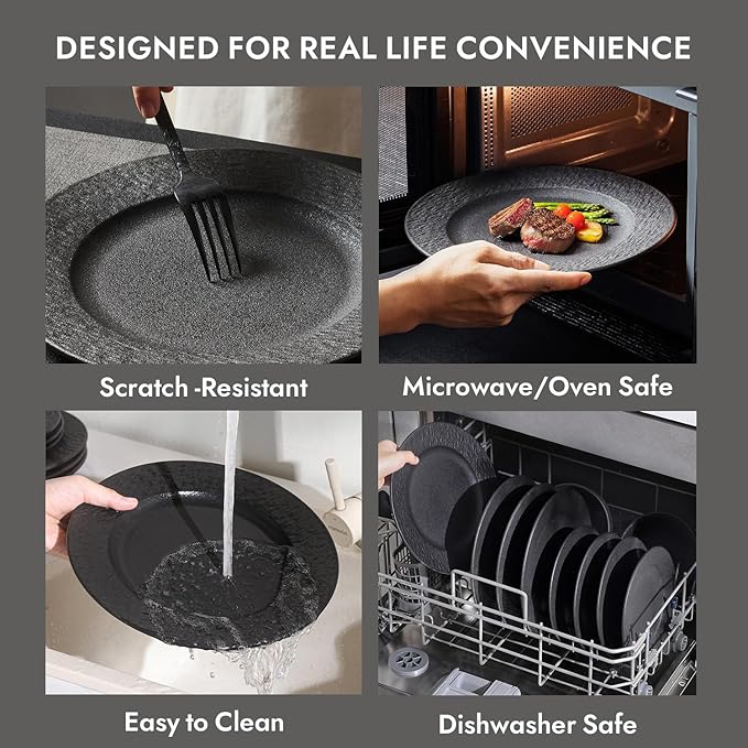 KINGSTONE Black Dinnerware Sets, 18-Piece Matte Marble Pattern Premium Porcelain, Place Setting with Dinner Plate, Salad Plate, Pasta Bowl, Microwave and Dishwasher Safe