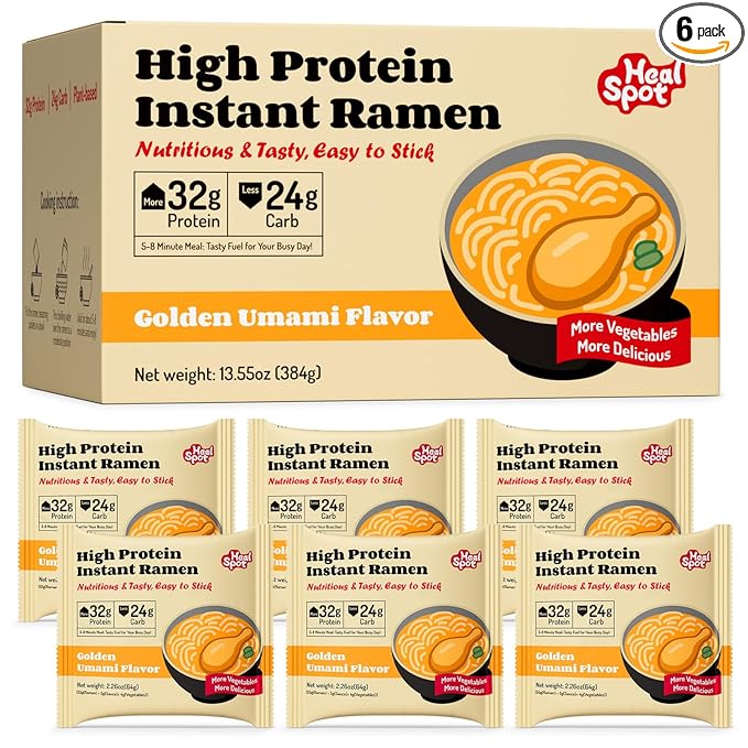 HealSpot High Protein Instant Ramen, 6 Pack Non Fried Ramen Broth, 32g Plant Based Protein, Low Fat, Low Carb, Non GMO, Keto Friendly & Plant Based(Golden-Chicken) | 50% Protein, Keto Friendly, Vegen Friendly, Healthy Quick Meal