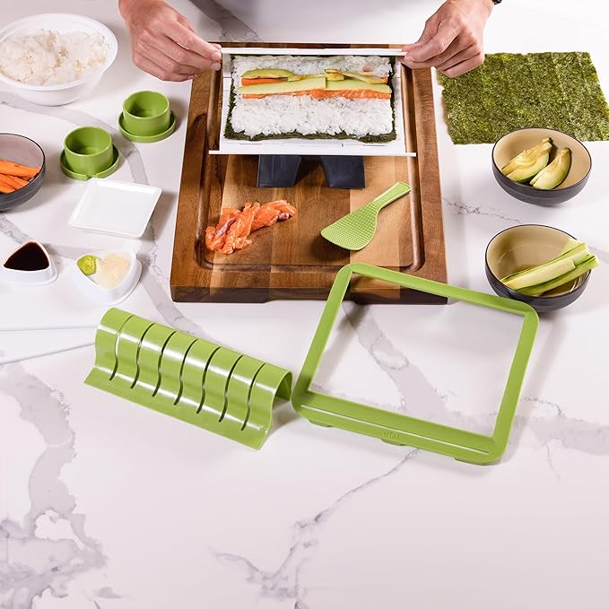 SushiQuik Sushi Making Kit with Rice Spreading Training Frame, Rice Paddle, Rolling Mat, Roll Cutter, Base, and Soy Sauce Caps - Sushi Kit for Beginners and Kids
