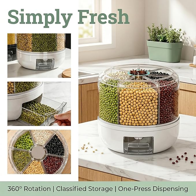 360° Rotating Grain Dispenser | 6-Grid Rice Dispenser with One-Click Dispensing | Airtight Cereal Container for Rice, Beans, Grains Storage (White, Small)
