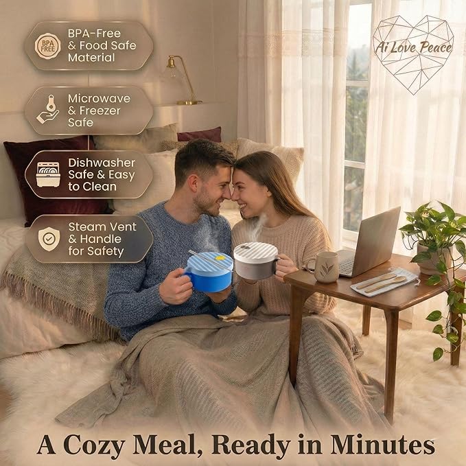 AI LOVE PEACE Microwave Noodle Bowl Set of 2, 40 oz Ramen Bowls with Lids, Dishwasher Safe Soup Bowl for Ramen, Pho, Pasta, Rice, College Dorm Essentials (Beige & Blue)