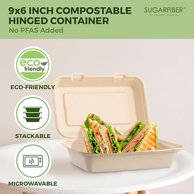 [50 COUNT]Harvest Pack PFAS FREE 9 X 6" Compostable Clamshell Take Out Food Containers, Heavy-Duty Hinged Container, Disposable Bagasse Eco-Friendly Natural to go Food Box, 100% Sugarcane Plant