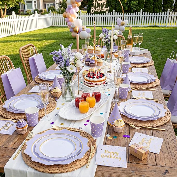WDF 100PCS Purple Disposable Plates - Lavender Plates - Heavy Duty Scalloped Purple Plastic Plate for Party/Wedding/Birthday/Spring