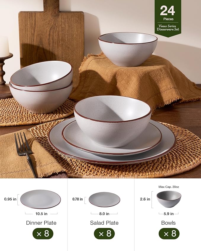 Famiware Venus Plates and Bowls Sets with Trim, 24 Pieces Speckled Stoneware Dinnerware Set for 8, Matte Light Gray - Microwave & Dishwasher Safe, Modern Minimalist, Dishes for Everyday & Formal Use