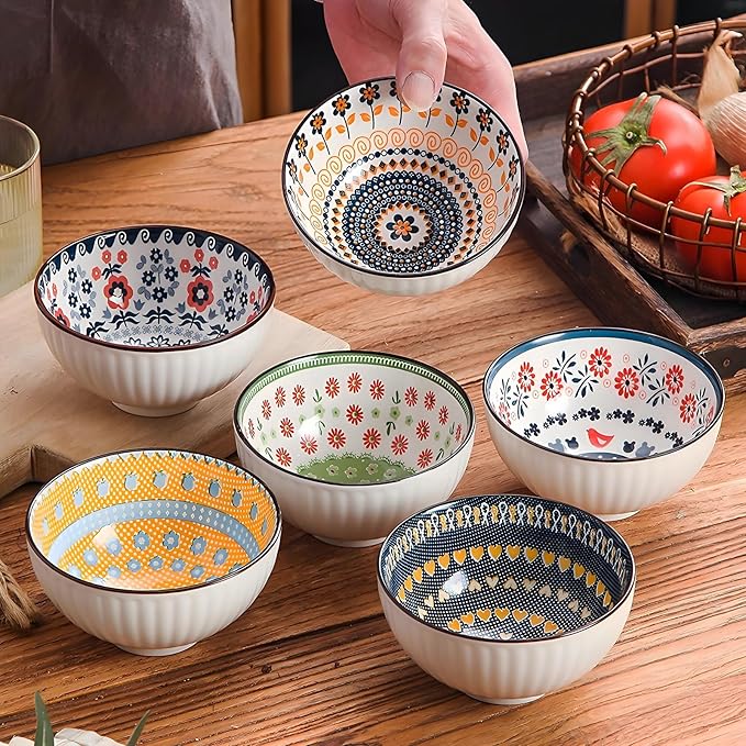 Rice Bowls 10oz, Japanese Style Bowls Set of 6 with Gift Box - Ceramic Bowls for Soup, Dessert, Ice Cream, Snack - Kitchen Gifts for Women Christmas Gift