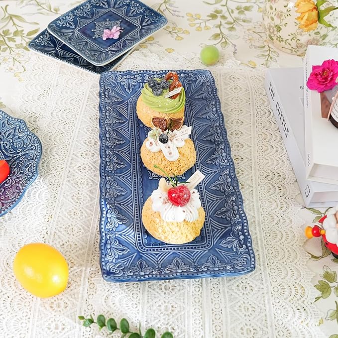 Sungmor Embossed Stoneware Fine Dining Dinnerware, Antique Baroque Style 14" Long Rectangular Porcelain Serving Platter Set of 2, Sophisticated Ceramic Dish for Party Cookies, Fruit, Cheeses & Dessert