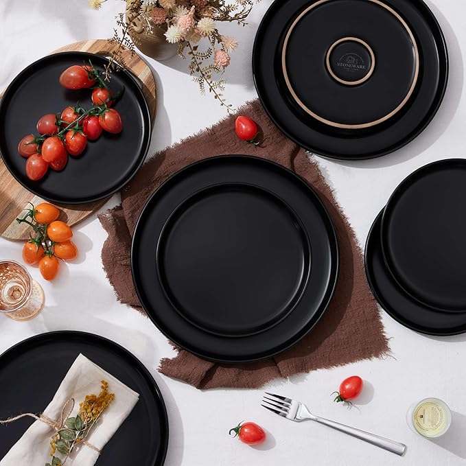 Herogo 6-Piece Stoneware Small Dinner Plates Set, 7.9" Ceramic Round Dessert Plate Set, Double Reactive Glaze Large Dinnerware Plates for Kitchen, Microwave, Oven and Dishwasher Safe, Matte Black