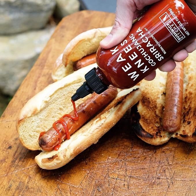 Weak Knees Gochujang Sriracha Hot Sauce - Infused with Bold Korean Gochujang Paste & Classic Spicy Sriracha for Noodles, Rice & Marinades - Made in the USA - 10.5oz Squeeze Bottle