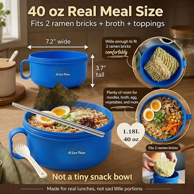 AI LOVE PEACE Ramen Bowl, 40 oz Microwaveable Noodle Cooker for Ramen, Pho, Soup, and Pasta, Dishwasher Safe and Portable, Ideal for Home, Office, Dorm, or Gift (Blue)