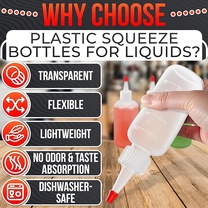 6-Pack Squeeze Bottles for Liquids 4 oz with Scale – No-Mess Dispensing | Clear Condiment Bottle Set for Sauces, Oil, Dressing, Syrup, Ketchup, Mustard & Cookie Decorating – Refillable Squirt Bottles