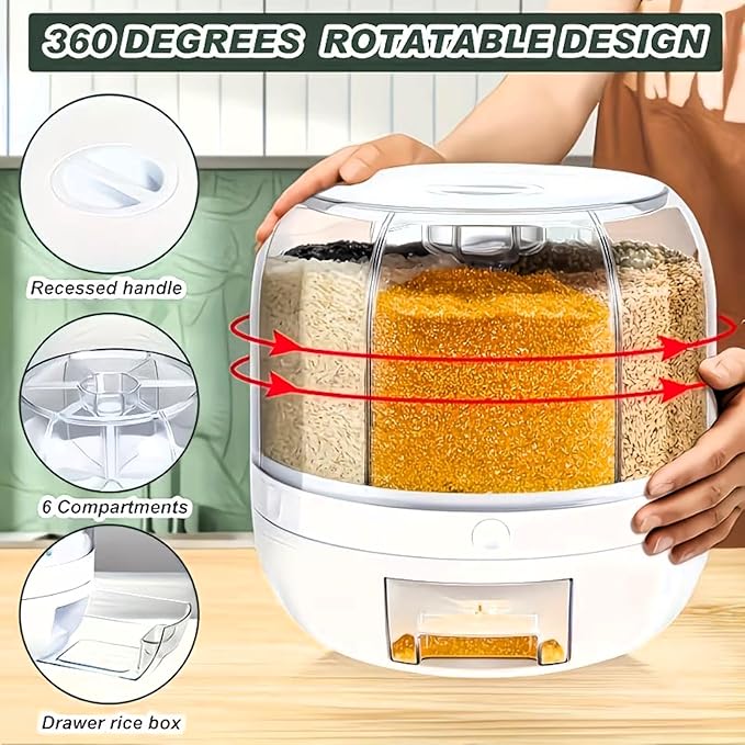 13Lbs Medium Grain dispenser 360°Rotating Rice Food Dispenser 6 Grids rice container rotatable Beans Containers Storage with Sealed lid for Peanut Barley Millet and Cereal
