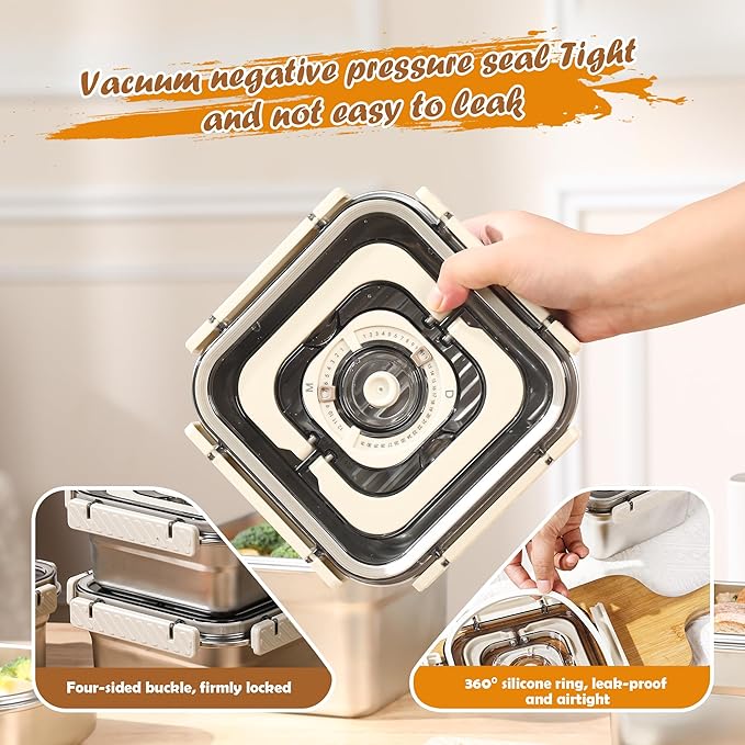Stainless Steel Vacuum Food Storage Container with Handle- 1250ml/44oz, Large Capacity Leak-Proof Lunch Box with Hand Pump, Freezer & Dishwasher Safe - Portable for Work, Picnics