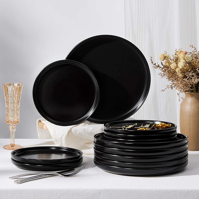 Herogo 6-Piece Stoneware Small Dinner Plates Set, 7.9" Ceramic Round Dessert Plate Set, Double Reactive Glaze Large Dinnerware Plates for Kitchen, Microwave, Oven and Dishwasher Safe, Matte Black