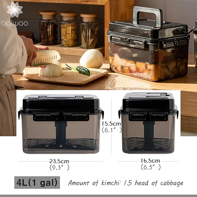 SMART Automatic Press Plate Food Storage Container for Kimchi Sauerkraut Pickle Fermentaion/Airtight Lid Food Storage Container for Preserved Food Bulk Fermentation (4L /1 gal)