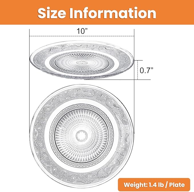Elsjoy 6 Pack 10 Inch Large Glass Dinner Plate, Clear Round Serving Plate Vintage Embossed Dinnerware for Salad, Pasta, Fruits