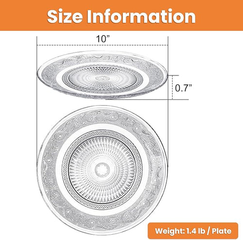 Elsjoy 6 Pack 10 Inch Large Glass Dinner Plate, Clear Round Serving Plate Vintage Embossed Dinnerware for Salad, Pasta, Fruits