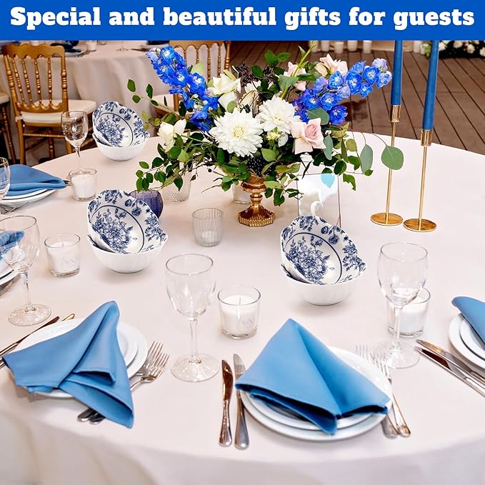 SiliFine 12 Pcs Wedding Favors for Guests Small Ceramic Bowl Bulk Gifts Set 3.3 Inch Floral Design Mini Dipping Sauce Dish with Card Box for Bridal Pooja Baby Shower Birthday (Flower,Blue)