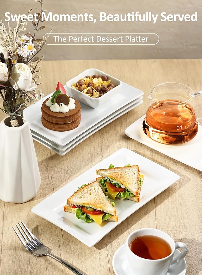 Porcelain Rectangular Dinner Platters, 9.75 Inch Rectangle Serving Plates for Sushi, Snacks, Cake, Meat & Appetizers, Set of 4, Elegant White Design