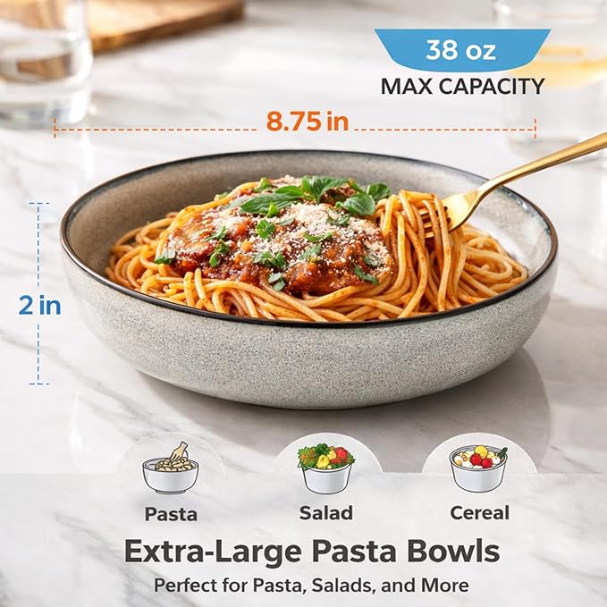GBHOME 8.75'' Large Ceramic Pasta Bowls, 38oz Stoneware Pasta Serving Bowls Set of 4 for Kitchen, Wide Bowls for Fruit,Pasta,Salad,Oatmeal,Meal, Microwave Safe, Reactive Glaze-Green Wheat