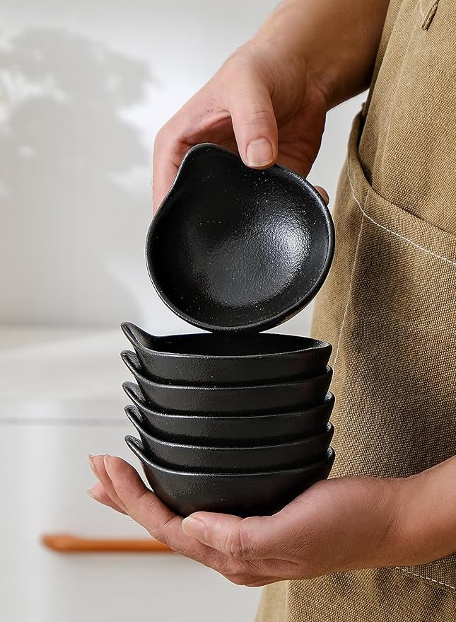 YJR Ceramic Side Dishes, Seasoning Dishes, Dipping Bowls - 4 Inch, for Ketchup Soy Sauce BBQ Party, Set of 6, Black