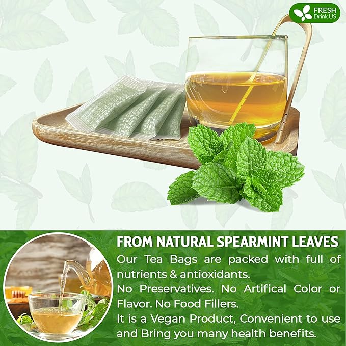 FreshDrinkUS, Premium 135 Spearmint Tea Bags, 100% Natural & Pure from Spearmint Leaves. Loose Leaf Spearmint Herbal Tea. Made with Natural Material Tea Bags. No Sugar, No Caffeine, No Gluten, Vegan.