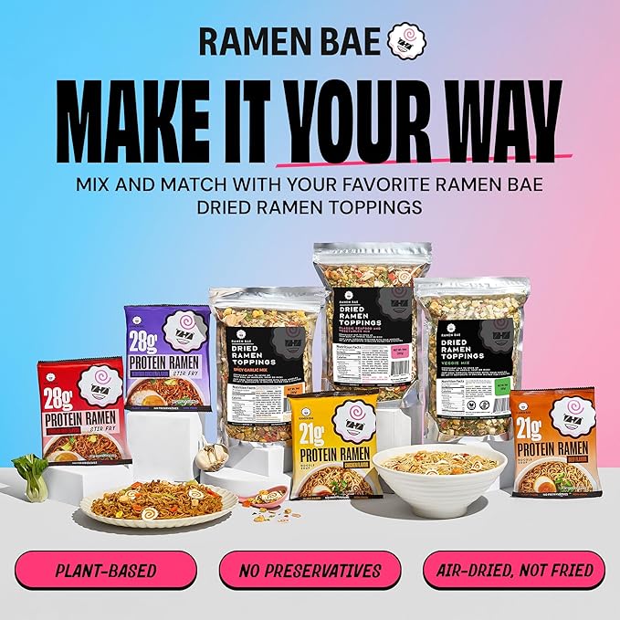 Ramen Bae High Protein Ramen Noodles - Chicken Flavor 21g Protein Soup - Air Dried Not Fried, Plant Based, Vegan Ramen Protein Noodles - Lower Carb, Sodium & Fat - Clean & Simple Broth (Pack of 6)