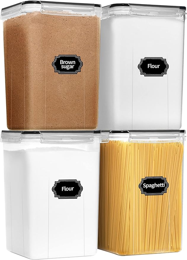 PRAKI Extra Large Tall Airtight Food Storage Containers 6.5L / 220oz, BPA Free, 4pcs Pantry Kitchen Organizers and Storage for Flour, Sugar, Plastic Flour Container with 20 Labels & Maker