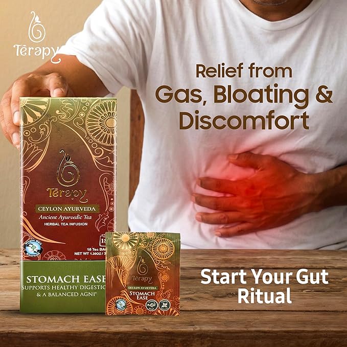 TERAPY Ceylon Stomach Ease Tea – Ayurvedic Herbal Tea for Healthy Digestion, Gut Health, Tummy Tea, Gas Relief, & Stomach Soothing – Relieves Bloating, Gas, Indigestion & Constipation – 18 Bags
