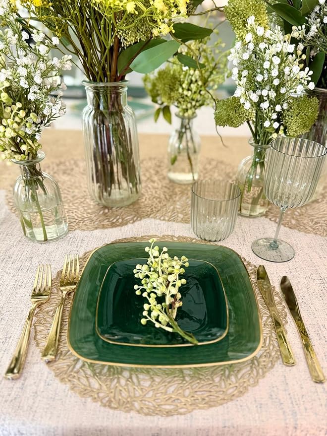 OCCASIONS 50 Green Disposable Plates (25 Guests) - Heavy Duty Square Plastic Dinnerware Set for Wedding Party, 25x10" Dinner + 25x7" Salad Dessert - Belize Square in Green & Gold