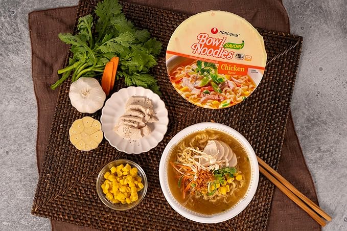 Nongshim Savory Chicken Noodle Soup Instant Ramen, 12 Pack, Microwaveable Bowl Soup Mix, Korean Ramyun with Cabbage & Carrots, Sabor a Pollo