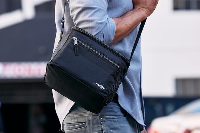 PackIt Freezable Essential Lunch Cooler, Black, Built with EcoFreeze Technology, Fully Freezable, Collapsible, Reusable, With Adjustable Crossbody Strap, Top Clip Handle, Designed for Fresh Office