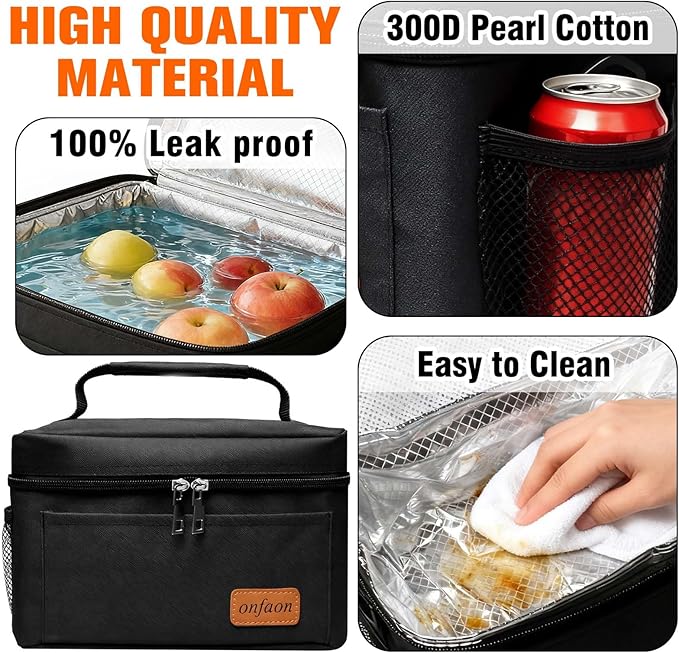 ONFAON Lunch Bag for Men/Women, Insulated Reusable Lunch Box Leakproof Cooler Tote Bag Freezable with Adjustable Shoulder Strap for Office Work Picnic Beach(Black)