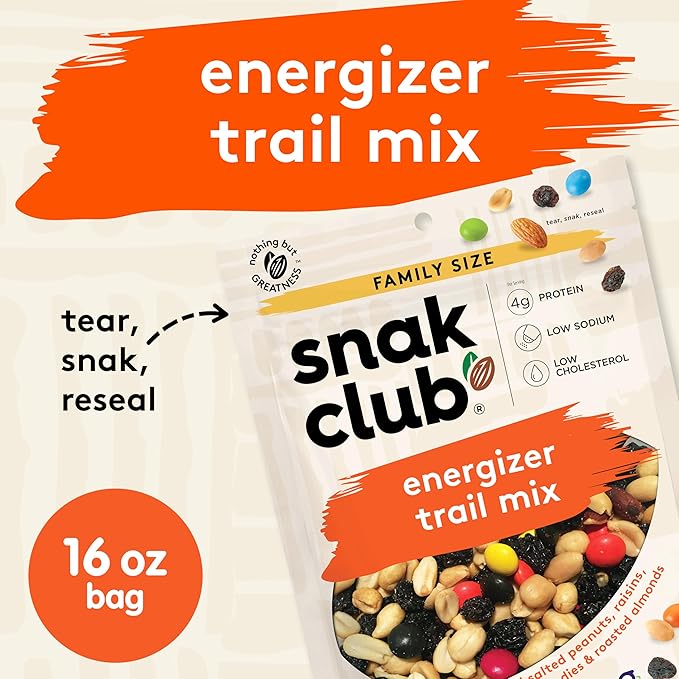Snak Club Energizer Trail Mix with Roasted Salted Peanuts, Raisins, Chocolatey Candies, Roasted Almonds, Gluten-Free and Kosher Snack, 16 oz Resealable Bag
