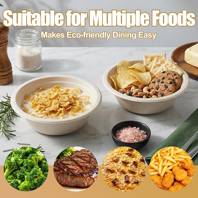 TaidMiao Paper Bowls Disposable - 100 Pack 12 oz Compostable & Biodegradable Bowls; Heavy Duty Sugarcane Fiber Bowls, Microwave Safe; Ideal for Soup, Salads, Pasta & Ice Cream