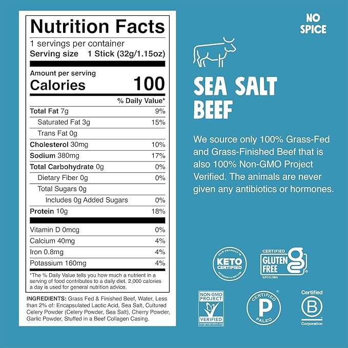 Chomps Grass-Fed and Finished Sea Salt Beef Jerky Snack Sticks 10-Pack - Keto, Paleo, Whole30, 10g Lean Meat Protein, Gluten-Free, Zero Sugar Food, Non-GMO
