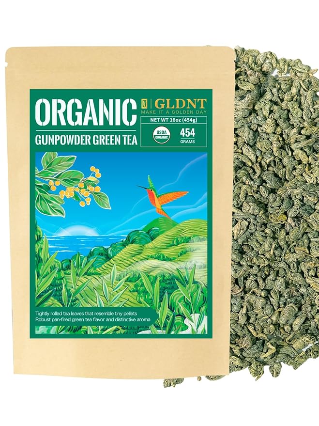 GLDNT Organic Gunpowder Green Tea, Premium Organic Loose Leaf Green Tea, Robust & Smooth Taste, 16oz