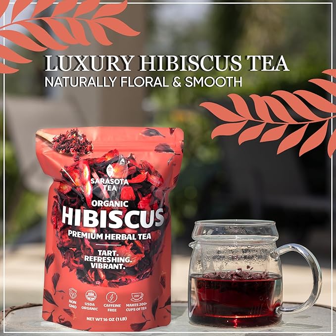 Organic Hibiscus 1lb Loose Leaf Tea | Naturally Tart & Refreshing Herbal Tea | Caffeine-Free | Dried Hibiscus Flowers for Hot or Iced | Non-GMO | Detox & Hydration Support