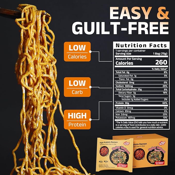 HealSpot High Protein Instant Ramen, 31g Plant Based Protein, Low Fat, Low Carb, Non GMO, Keto Friendly, Plant Based Dry Mixed Ramen, 6 Packs of Hot Pot Flavor | 50% Protein, Keto Friendly, Vegen Friendly, Healthy Quick Meal