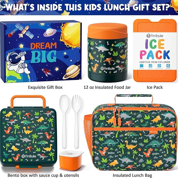 Fimibuke Kids Bento Snack Lunch Box with 4 Compartment, Insulated Lunch Bag, Stainless Steel Vacuum Thermo Food Jar, Ice Pack, Utensils Set, Birthday Gifts for Age 3-12 Back to School Toddler Girl Boy