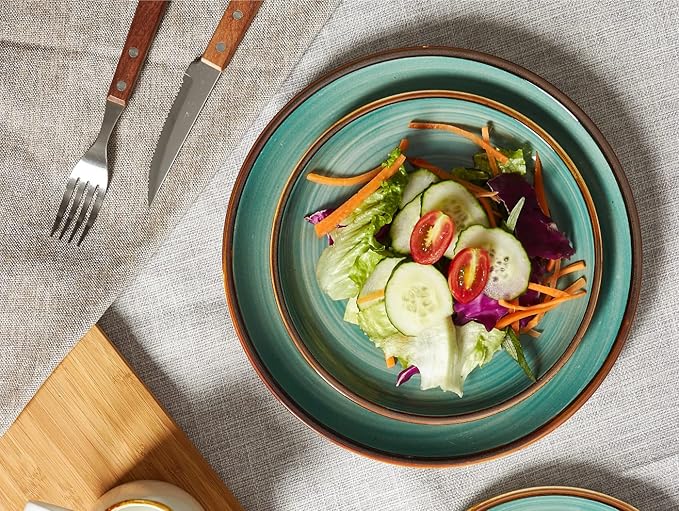 ONEMORE Ceramic Dinner Plates Set of 6, 8.5 inch Small Stoneware Plates for Appetizer, Salad and Dessert. Oven, Microwave and Dishwasher Safe Plate, Stackable, Rustic Kitchen Porcelain Dish, Teal