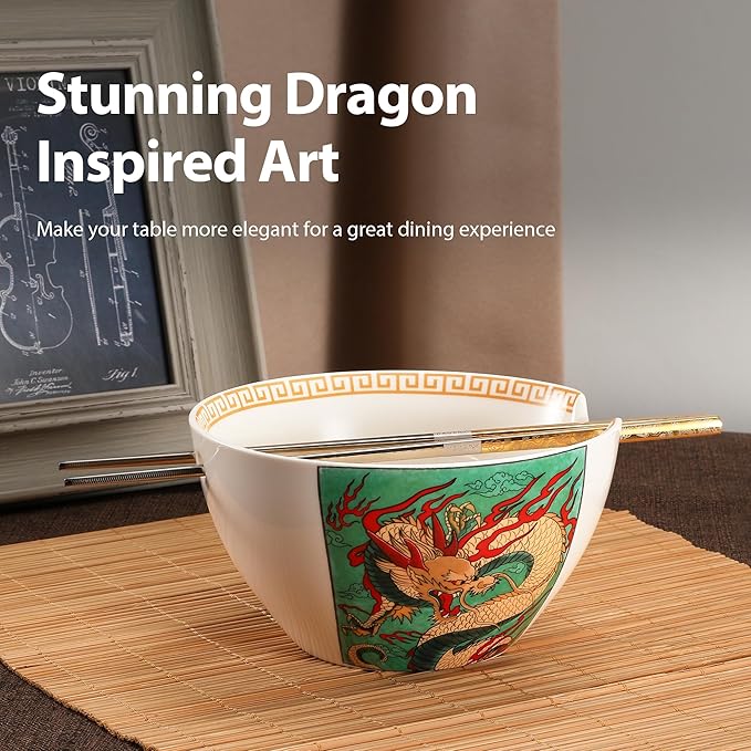 Hagary Dragon Ramen Bowl Ceramic Bowl Japanese Style Udon Miso Noodle Rice Soup Bowls with Stainless Steel Chopsticks Housewarming Wedding Gifts Designed in Korea (Gold, 20 oz)