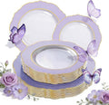 WDF 60pcs Clear Purple Plates Disposable with Gold Rim - Baroque Lavender Purple Plastic Plates for Party/Wedding/Spring/Picnic