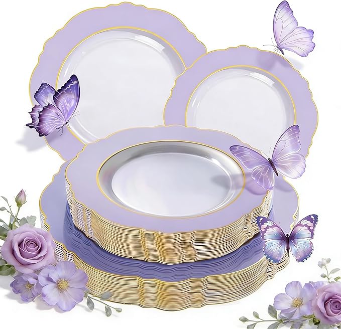 WDF 60pcs Clear Purple Plates Disposable with Gold Rim - Baroque Lavender Purple Plastic Plates for Party/Wedding/Spring/Picnic