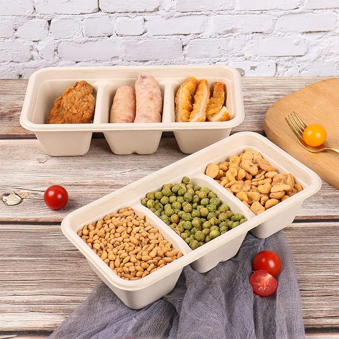 disposable paper bowls 35 oz 3 compartments with lids, Sugarcane For Snack, Dessert, Meal Prep 50 Pack